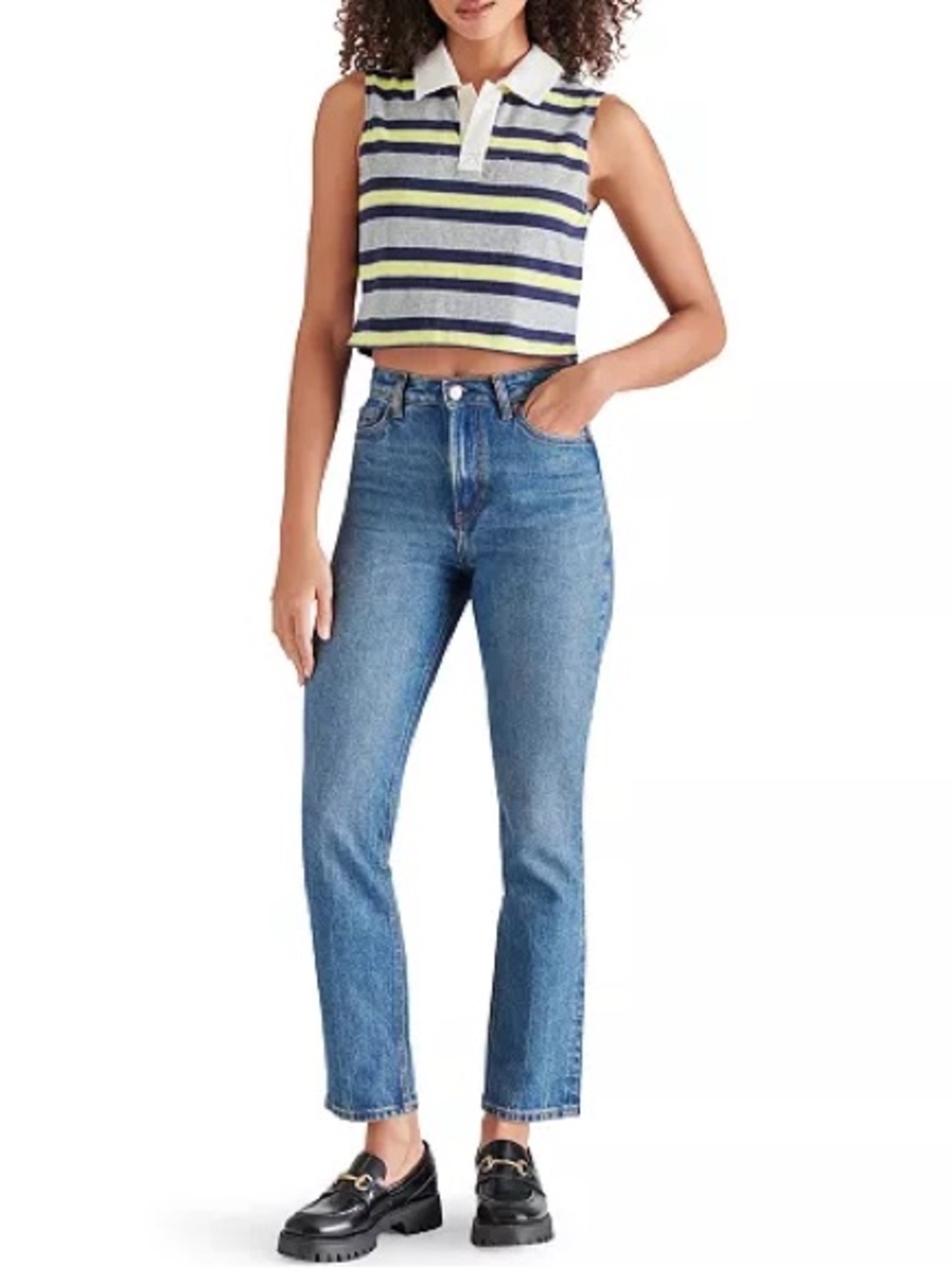 Steve Madden Ryland Cropped Rugby Top Grey Navy & Yellow